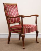 Early 20th century walnut framed armchair, upholstered in a striped fabric, cabriole legs,