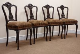 Set four Victorian dining chairs, carved shell cresting rail, upholstered serpentine seat,