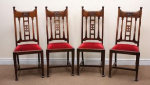 Set four oak Art Nouveau dining chairs, shaped and carved cresting rail, upholstered seat,