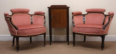 Pair Edwardian mahogany tub shaped chairs, upholstered in a salmon fabric, square tapering supports,