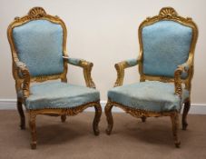 Pair French style gilt framed armchairs, shell carved cresting rail, upholstered back,