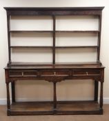 18th century oak dresser with two tier plate rack above three drawer potboard base, W177cm, H185cm,