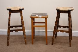 Pair oak bar stools, rush seat,