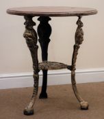Ornate cast iron table, circular hardwood top, D61cm,