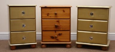 Two graduating pine bedside chests, gold painted finish, bun feet (W46cm, H59cm,