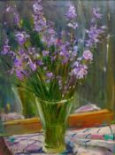 Malcolm Ludvigsen (British 1946-): Still Life of Purple Flowers in a Vase, oil on canvas signed,