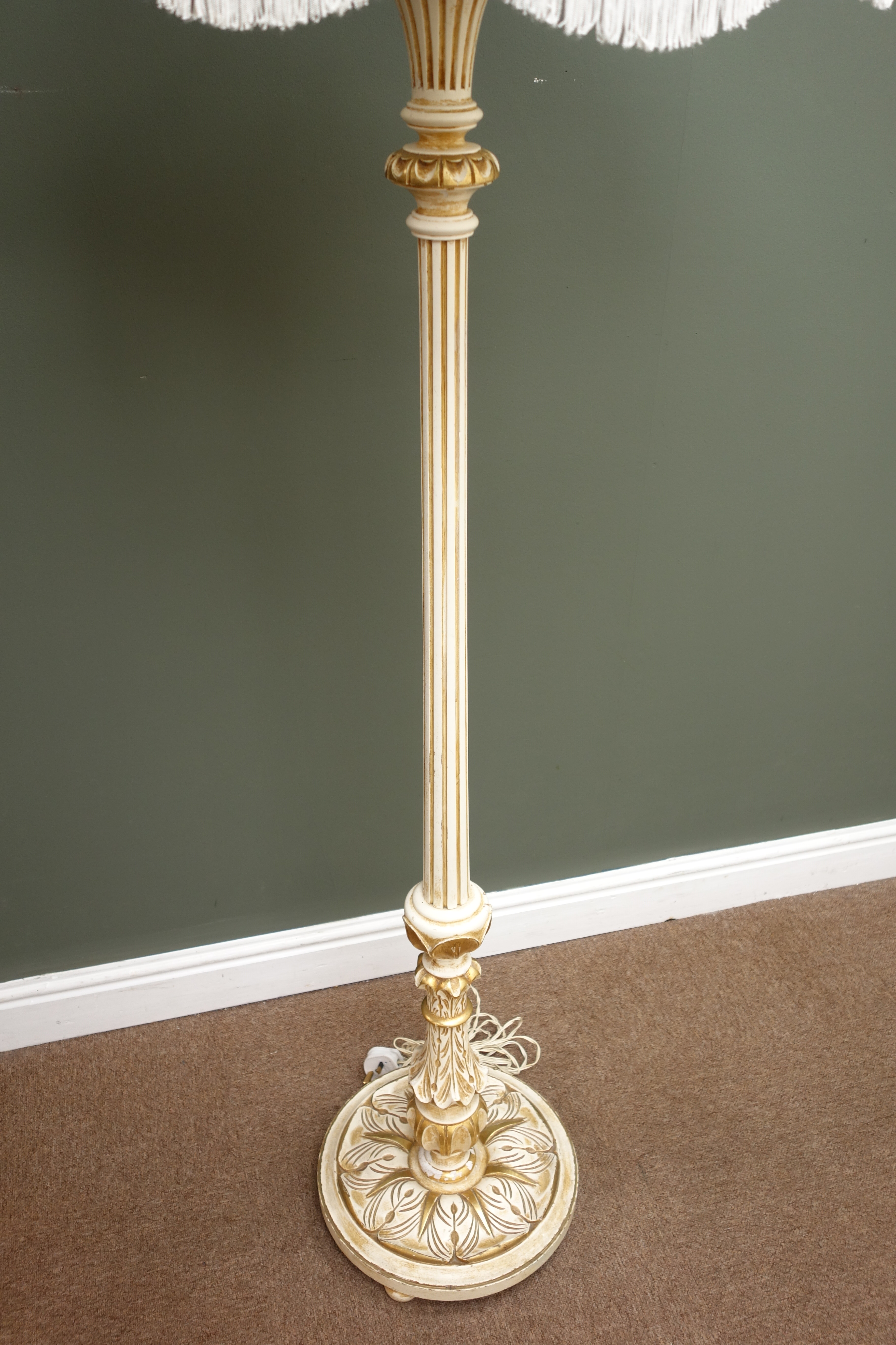 Cream and gilt standard lamp, ornate reeded column with shade, - Image 2 of 3