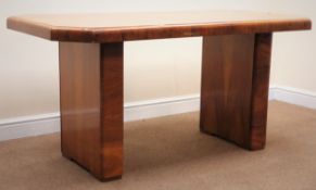 Art Deco style walnut rectangular dining table, canted corners, two supports, W156cm, H75cm,