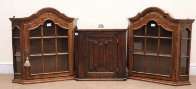 Two Dutch oak wall display cabinets, glazed doors enclosing two shelves (W66cm, H69cm,
