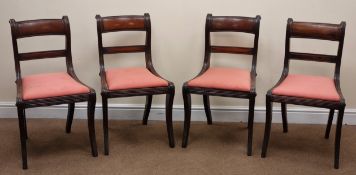 Set four Regency mahogany dining chairs, curved cresting rail, upholstered drop in seat,