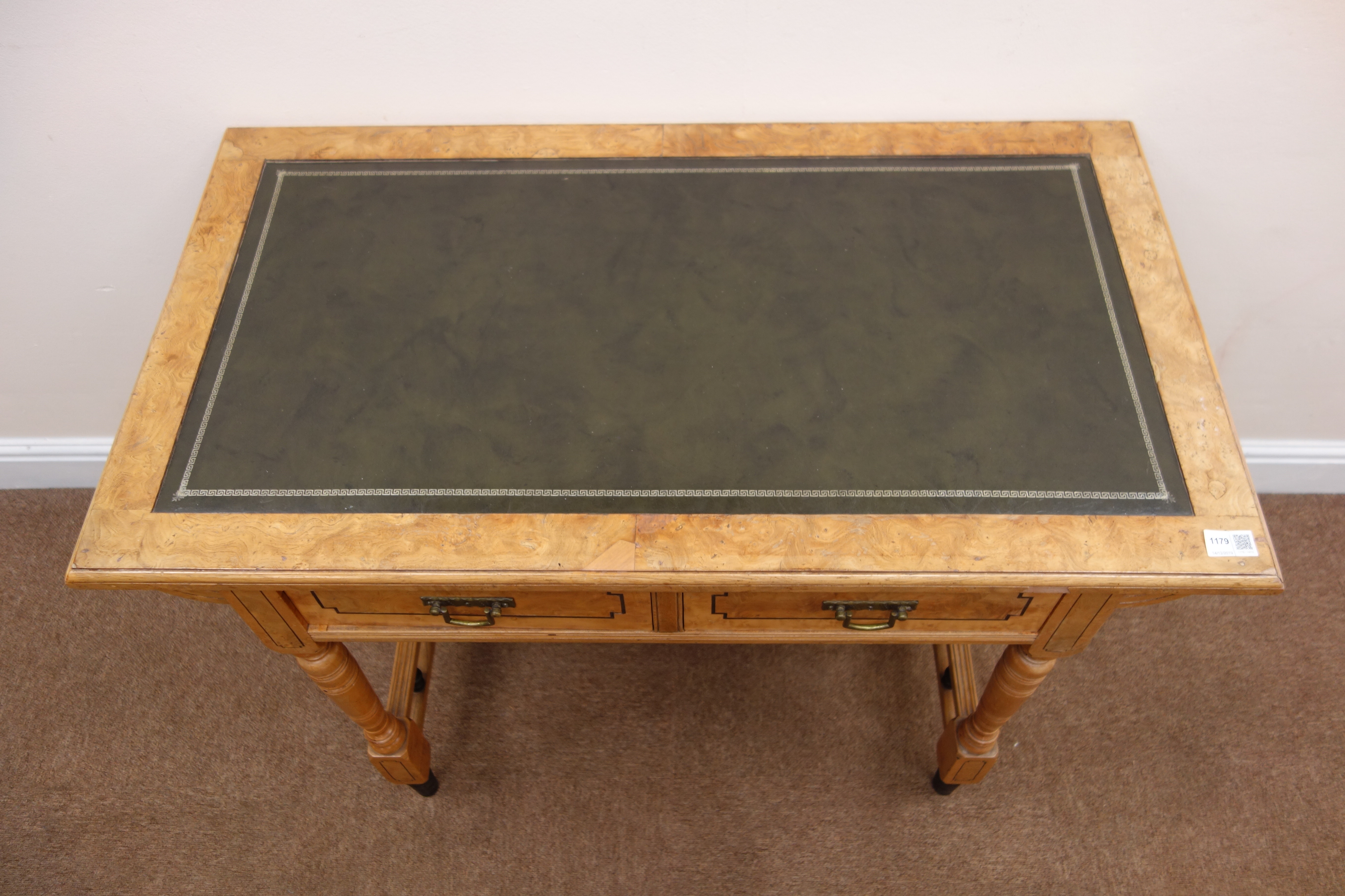 Edwardian inlaid burr walnut desk, tooled dark green leather inset top, two drawers, - Image 4 of 4