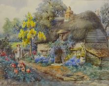 Figures Outside Country Cottages, two early 20th century watercolours signed by H.