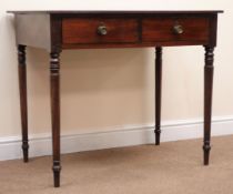 19th century mahogany side table, moulded top, two drawers, turned supports, W92cm, H79cm,