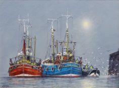 Jack Rigg (British 1927-): Fishing Boats off the Quayside, oil on board signed,