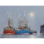 Jack Rigg (British 1927-): Fishing Boats off the Quayside, oil on board signed,