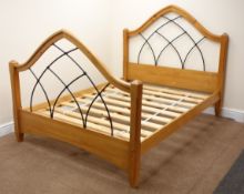 Pine and wrought metal 4'6 double bed with Gothic arched head and footboard, W151cm, H139cm,