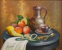 Gregori (Lysechko) Lyssetchko (Russian 1939-): Coffee, Fruit and Bead Necklaces on a Table,