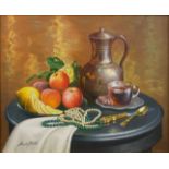 Gregori (Lysechko) Lyssetchko (Russian 1939-): Coffee, Fruit and Bead Necklaces on a Table,