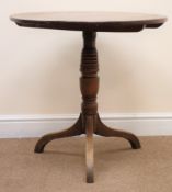 19th century mahogany circular table, turned column support on three feet, D71cm,