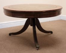Regency style mahogany drum table, tooled leather inset top,