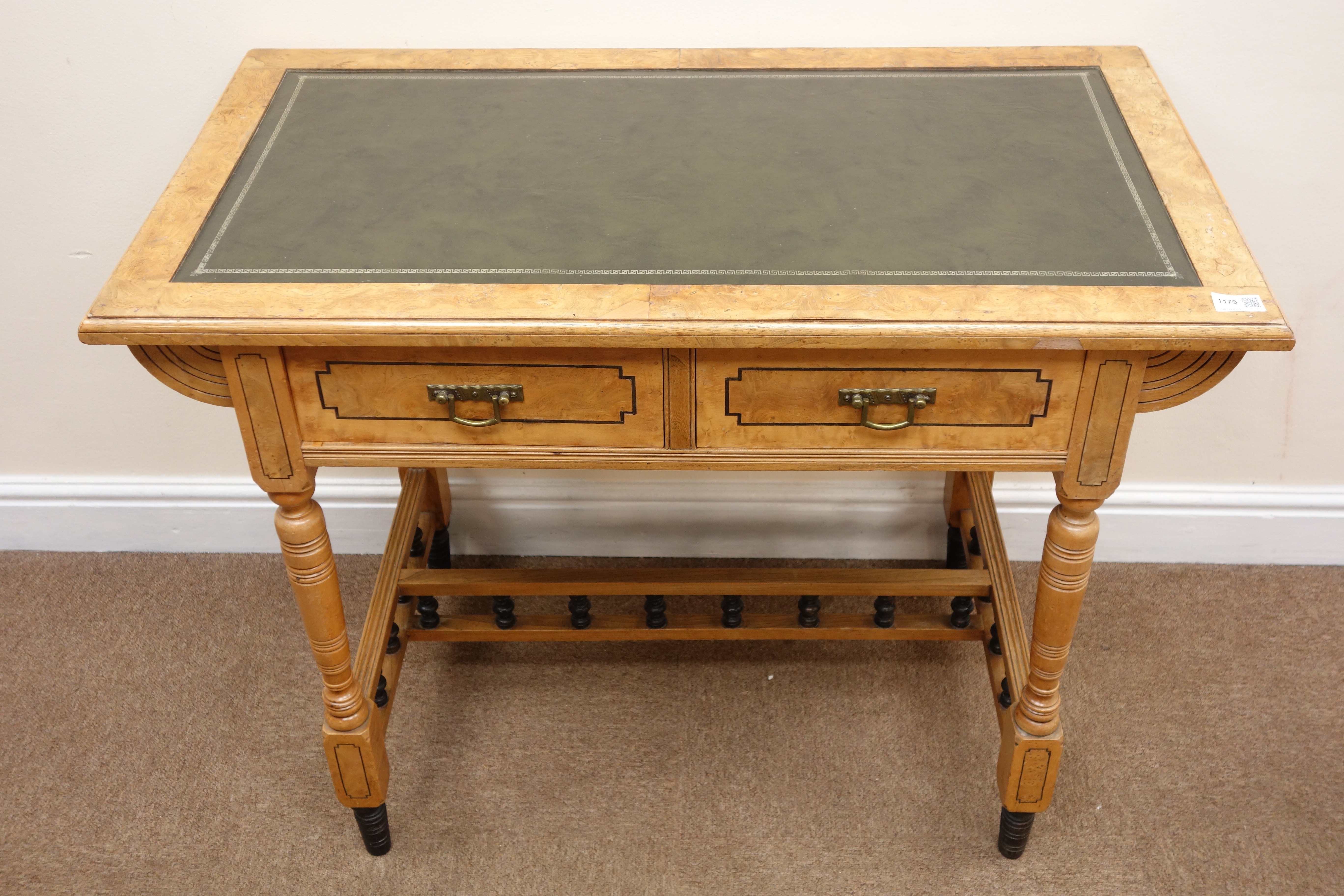 Edwardian inlaid burr walnut desk, tooled dark green leather inset top, two drawers, - Image 2 of 4