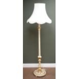 Cream and gilt standard lamp, ornate reeded column with shade,