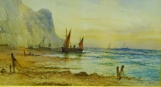 L Lewis (British 19th century): 'Landing the Catch Flamborough Head', watercolour signed,