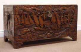 Early 20th century camphor wood chest, hinged lid with clasp and stay,