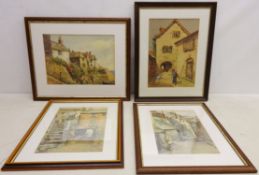 Figure and Geese, Seaside Village and two Village Street Scenes, four watercolours by George Taylor,