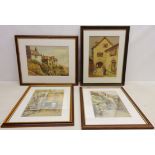 Figure and Geese, Seaside Village and two Village Street Scenes, four watercolours by George Taylor,