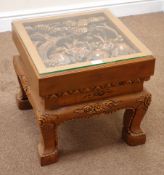 Heavily carved Eastern hardwood coffee table depicting elephants and trees, W46cm, H43cm,