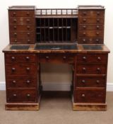Victorian mahogany twin pedestal desk, raised back with ten drawers above leather inset top,