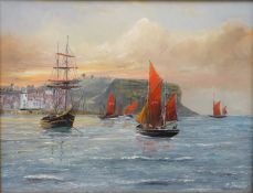 Robert Sheader (British 20th century): Fishing Boats in Scarborough Harbour, oil on board signed 34.