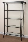 Wrought metal and glass shelving unit, four shelves, W95cm, H161cm,
