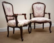 Pair French style mahogany open arm chair, upholstered in complimentary Rococo toile,