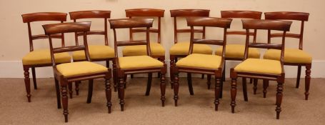 Ten 19th century mahogany dining chairs, shaped cresting rail, seat upholstered in a gold fabric,