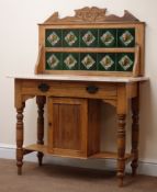 Edwardian pitch pine marble top washstand, raised shaped tiled back,