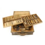 A kit of 45 carving tools mostly by HENRY TAYLOR in fitted pine box with two lift out trays G+
