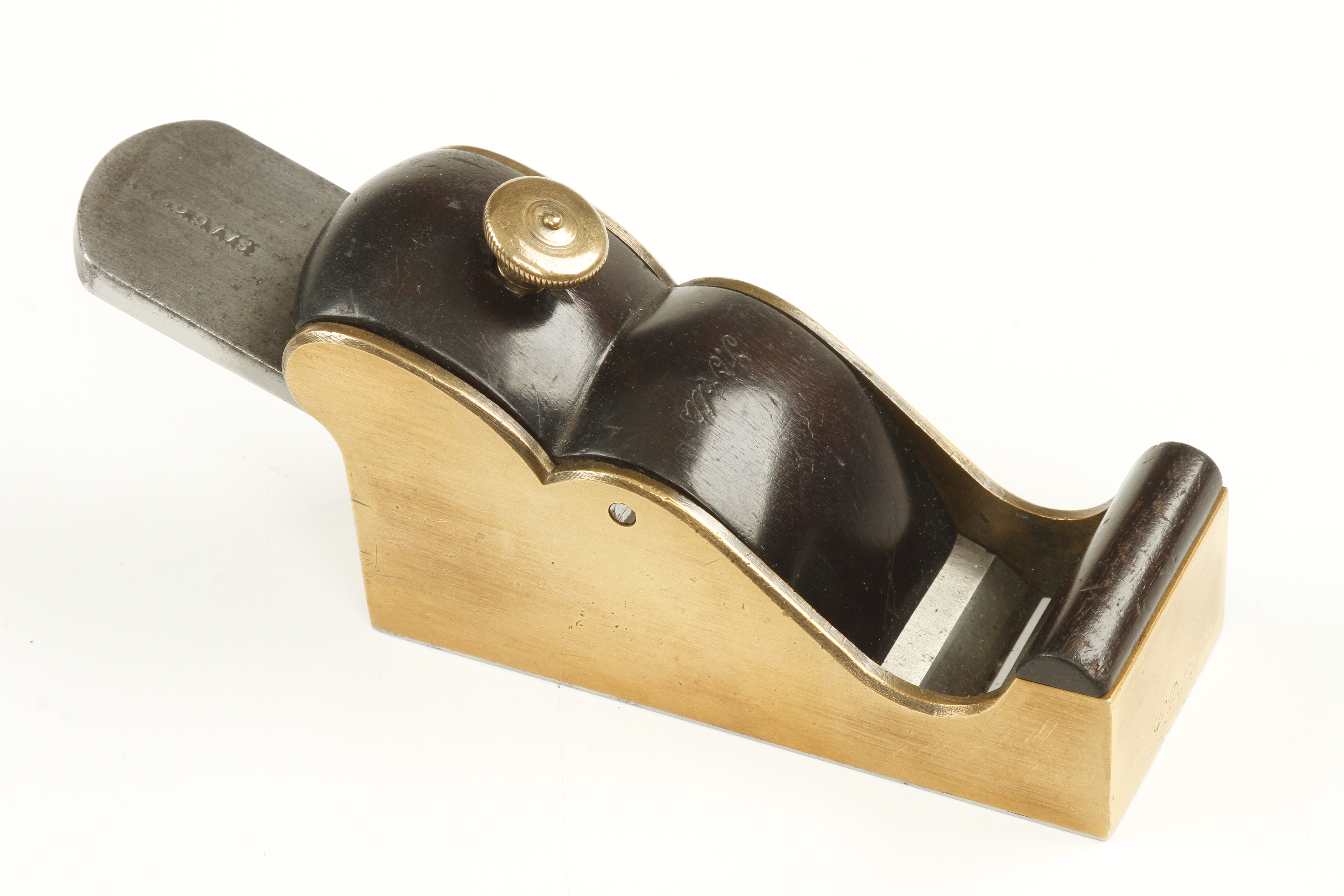 A steel soled brass chariot plane 4 1/2" x 1 3/4" with brass holding screw through ebony lever G+ - Image 2 of 3