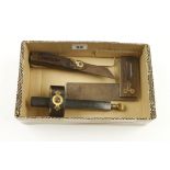 A little used ebony and brass mortice gauge by FITZPATRICK Dublin, a square and a small bevel.