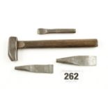 A small file makers dog head hammer and three chisels G+