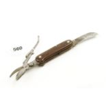 An unusual gardeners folding knife and secateurs by BONSA with rosewood scales,