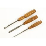 Three small chisels with attractively carved boxwood handles G++