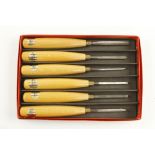 A set of 6 beech handled carving tools by ASHLEY ILES with orig box F