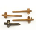 A rosewood brass faced mortice gauge and a beech marking gauge by FROST Norwich a beech slitting