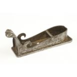 An important 16/17c iron mitre plane 9" x 2 5/8" the thick sole, with tongue and groove mouth,