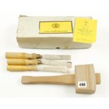 An unused woodworkers set of three firmer chisels and a mallet by MAWHOOD in orig tatty box N