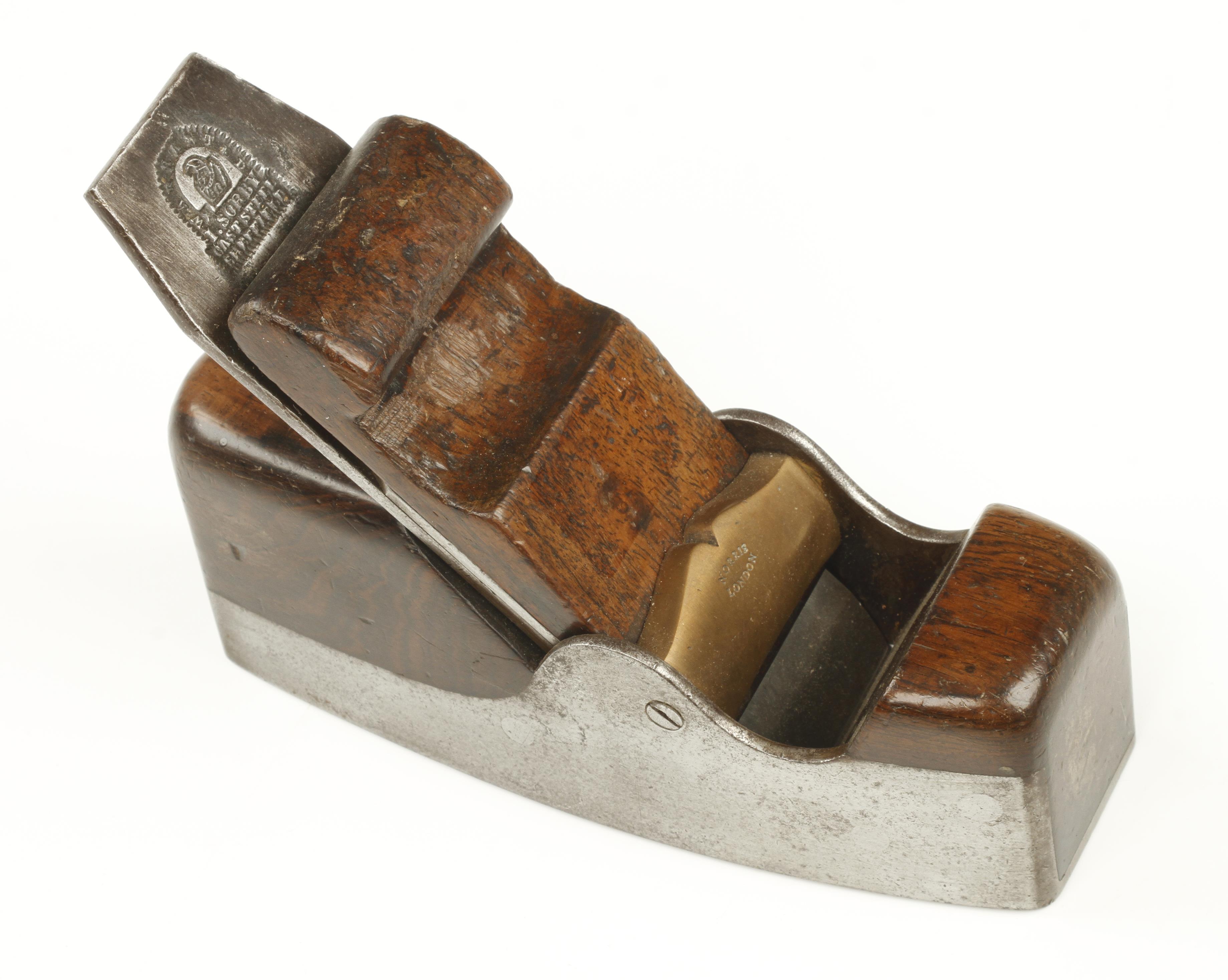 An early d/t steel NORRIS No 4 smoother with scrolled wedge and cupids bow brass bar, - Image 2 of 3