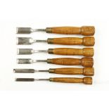 A set of 6 cranked scribing gouges by J.FROST the handles stamped RD.