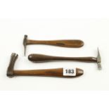 A small dog head hammer and two clock makers hammers,